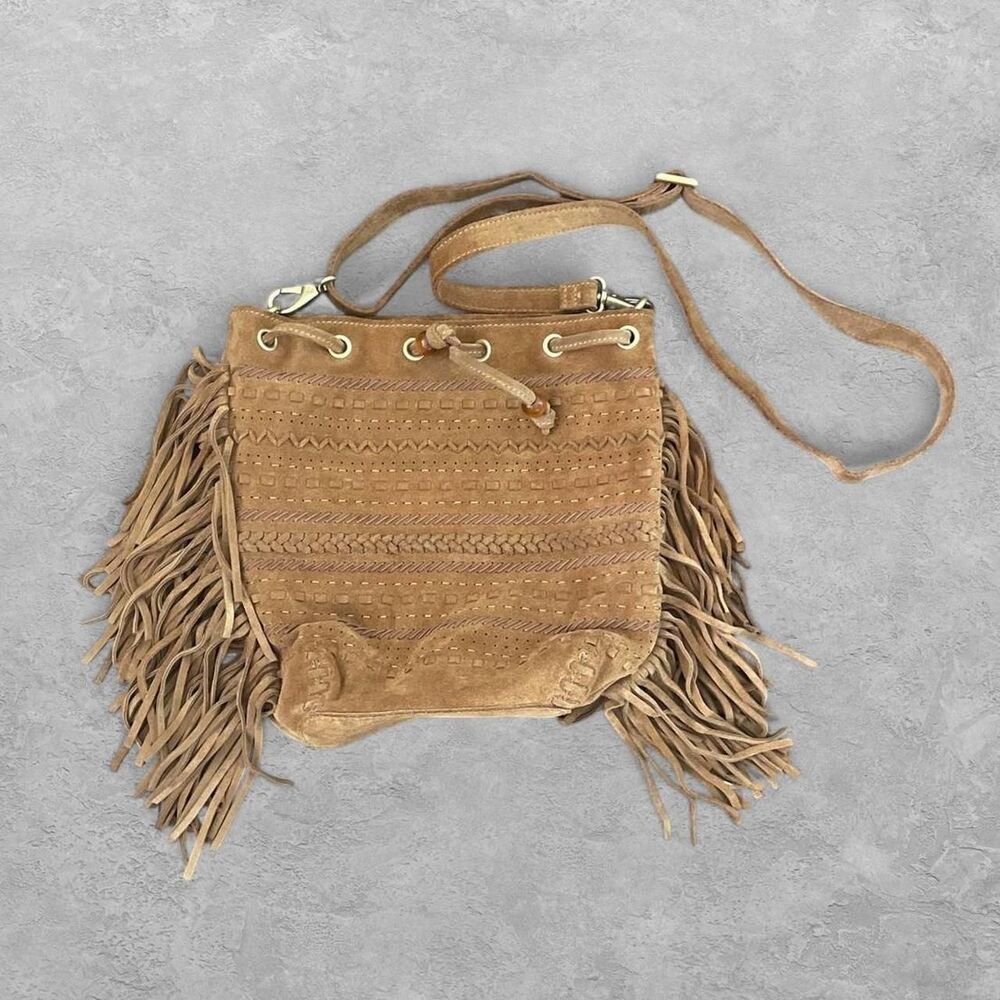 Linea Pelle Suede Fringe Purse Tan Cowgirl Western Boho Coastal Cowgirl